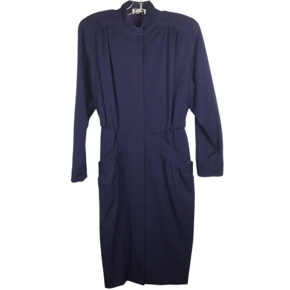 Vintage Rouie Long Sleeve Shirt Dress Button Front Navy Pockets Career Size 8